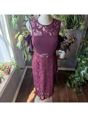 Elegant Burgundy Lace Midi Dress with Ruffle Sleeves